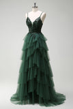 Sparkly Dark Green Tulle A-Line Corset Sequins Tiered Prom Dress with Appliques