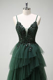 Sparkly Dark Green Tulle A-Line Corset Sequins Tiered Prom Dress with Appliques