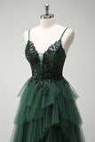 Sparkly Dark Green Tulle A-Line Corset Sequins Tiered Prom Dress with Appliques