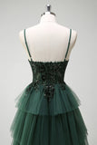 Sparkly Dark Green Tulle A-Line Corset Sequins Tiered Prom Dress with Appliques