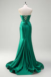 Dark Green Mermaid Strapless Corset Cut Out Beaded Prom Long Dress with Slit