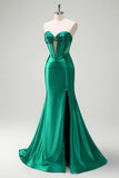 Dark Green Mermaid Strapless Corset Cut Out Beaded Prom Long Dress with Slit