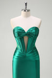 Dark Green Mermaid Strapless Corset Cut Out Beaded Prom Long Dress with Slit