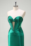 Dark Green Mermaid Strapless Corset Cut Out Beaded Prom Long Dress with Slit