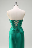 Dark Green Mermaid Strapless Corset Cut Out Beaded Prom Long Dress with Slit