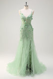 Green Mermaid Spaghetti Straps Lace Up Back Prom Dress with 3D Flowers