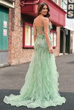 Mermaid Green Corset Spaghetti Straps Long Prom Dress with 3D Flowers