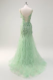 Green Mermaid Spaghetti Straps Lace Up Back Prom Dress with 3D Flowers