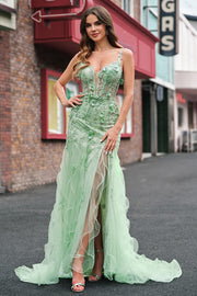 Mermaid Green Corset Spaghetti Straps Long Prom Dress with 3D Flowers