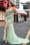 Mermaid Green Corset Spaghetti Straps Long Prom Dress with 3D Flowers