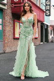 Mermaid Green Corset Spaghetti Straps Long Prom Dress with 3D Flowers