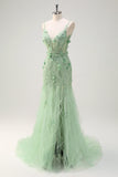 Green Mermaid Spaghetti Straps Lace Up Back Prom Dress with 3D Flowers