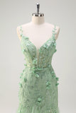 Green Mermaid Spaghetti Straps Lace Up Back Prom Dress with 3D Flowers