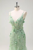 Green Mermaid Spaghetti Straps Lace Up Back Prom Dress with 3D Flowers