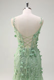 Green Mermaid Spaghetti Straps Lace Up Back Prom Dress with 3D Flowers