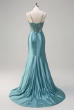 Sparkly Mermaid Lace Up Back Corset Grey Green Long Prom Dress with Slit