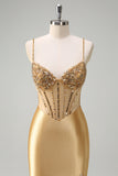 Sparkly Golden Mermaid Spaghetti Straps Corset Long Prom Dress with Slit