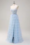 Light Blue A-Line Sequin Tiered Corset Long Prom Dress with Tulle Slit