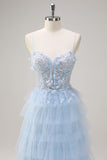 Light Blue A-Line Sequin Tiered Corset Long Prom Dress with Tulle Slit