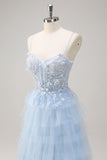 Light Blue A-Line Sequin Tiered Corset Long Prom Dress with Tulle Slit