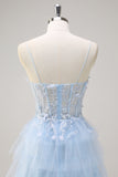 Light Blue A-Line Sequin Tiered Corset Long Prom Dress with Tulle Slit