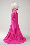 Sparkly Fuchsia Mermaid Beaded Corset Satin Long Prom Dress with Slit