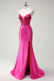 Sparkly Fuchsia Mermaid Beaded Corset Satin Long Prom Dress with Slit