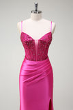 Sparkly Fuchsia Mermaid Beaded Corset Satin Long Prom Dress with Slit