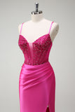 Sparkly Fuchsia Mermaid Beaded Corset Satin Long Prom Dress with Slit