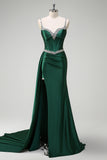 Sparkly Dark Green Mermaid Streamer Corset Long Prom Dress with Slit