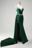 Sparkly Dark Green Mermaid Streamer Corset Long Prom Dress with Slit