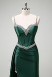 Sparkly Dark Green Mermaid Streamer Corset Long Prom Dress with Slit