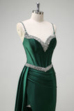 Sparkly Dark Green Mermaid Streamer Corset Long Prom Dress with Slit