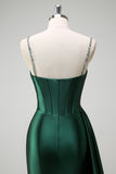 Sparkly Dark Green Mermaid Streamer Corset Long Prom Dress with Slit