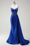 Royal Blue Mermaid Spaghetti Straps Side Streamer Ruched Corset Long Prom Dress