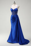 Royal Blue Mermaid Spaghetti Straps Side Streamer Ruched Corset Long Prom Dress