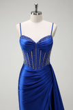 Royal Blue Mermaid Spaghetti Straps Side Streamer Ruched Corset Long Prom Dress