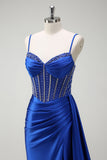 Royal Blue Mermaid Spaghetti Straps Side Streamer Ruched Corset Long Prom Dress