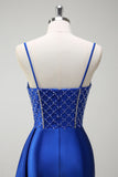 Royal Blue Mermaid Spaghetti Straps Side Streamer Ruched Corset Long Prom Dress