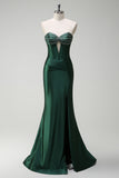 Dark Green Mermaid Removable Straps Slit Corset Cut Out Prom Dress with Beading