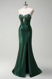 Dark Green Mermaid Removable Straps Slit Corset Cut Out Prom Dress with Beading