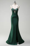 Dark Green Mermaid Removable Straps Slit Corset Cut Out Prom Dress with Beading