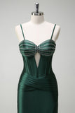 Dark Green Mermaid Removable Straps Slit Corset Cut Out Prom Dress with Beading