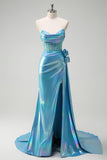 Sparkly Blue Mermaid Strapless Rosettes Corset Beaded Metallic Prom Dress with Slit