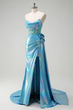 Sparkly Blue Mermaid Strapless Rosettes Corset Beaded Metallic Prom Dress with Slit