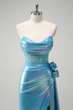 Sparkly Blue Mermaid Strapless Rosettes Corset Beaded Metallic Prom Dress with Slit