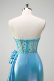 Sparkly Blue Mermaid Strapless Rosettes Corset Beaded Metallic Prom Dress with Slit