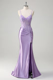 Sparkly Lilac Mermaid Spaghetti Straps Corset Applique Long Prom Dress with Slit