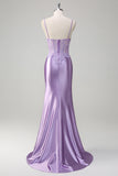 Sparkly Lilac Mermaid Spaghetti Straps Corset Applique Long Prom Dress with Slit