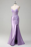 Sparkly Lilac Mermaid Spaghetti Straps Corset Applique Long Prom Dress with Slit